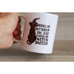 Printed Ceramic Mug With Witch's Cat Design and Funny Saying