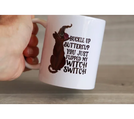 Printed Ceramic Mug With Witch's Cat Design and Funny Saying