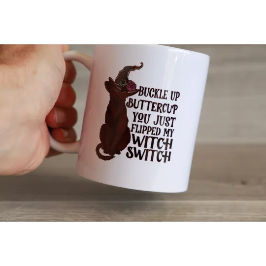 Printed Ceramic Mug With Witch's Cat Design and Funny Saying