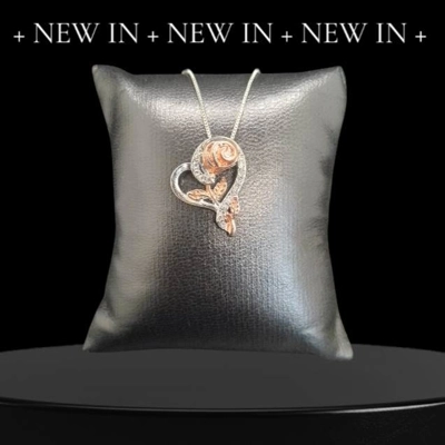 Sterling Silver Heart Shape Necklace with a Rose Gold Rose