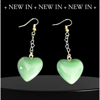 Jade Heart Stone Dangling Earrings - Gold