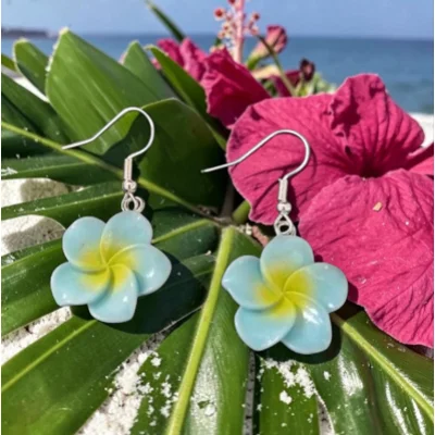 Blue Frangipani Flower Earrings