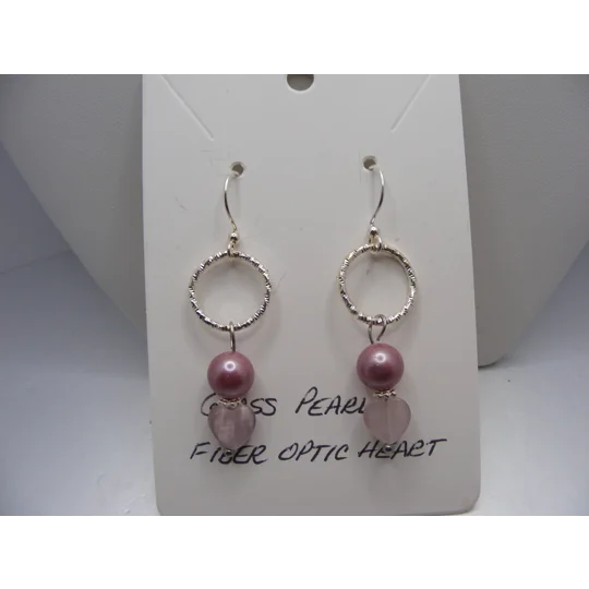 Glass Pearl and Fiber Optic Heart earrings