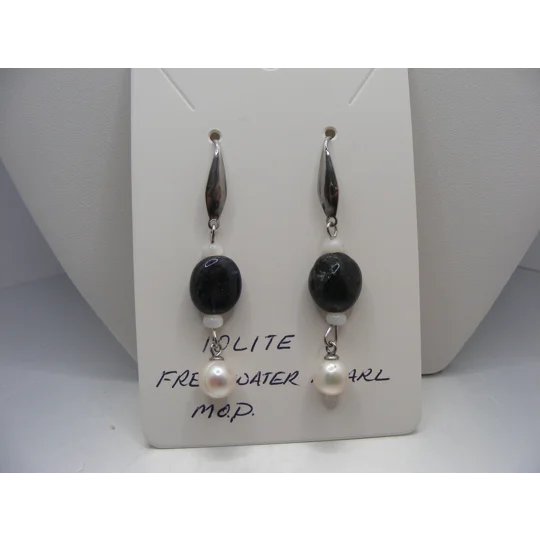Iolite, Mother of Pearl and Freshwater Pearl earrings