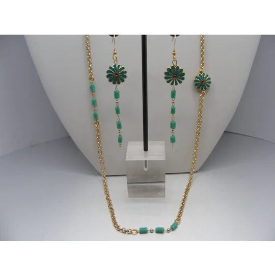 Enamel Flower and Glass Station necklace set - 24"