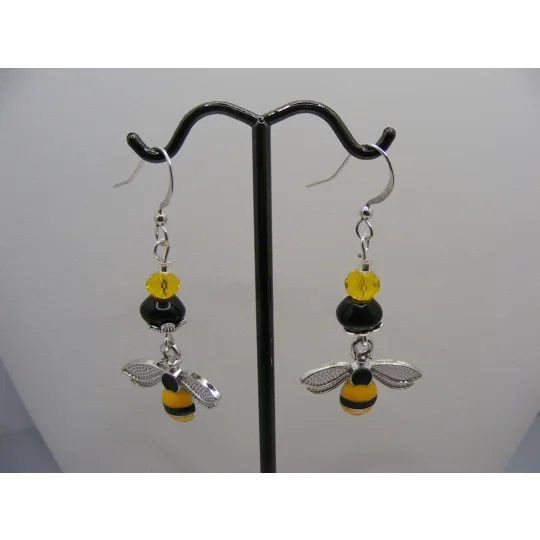 Onyx and Crystal with Bee charm earrings