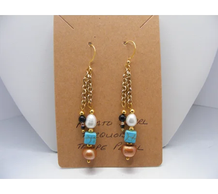 Freshwater Pearl, Turquoise & Spinel Earrings