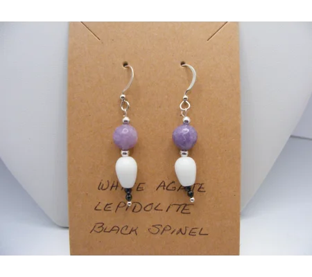 Lepidolite, White Agate and Black Spinel earrings