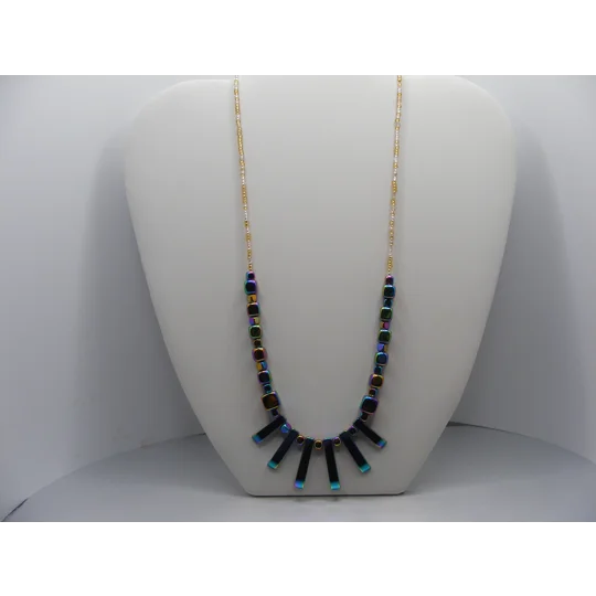 Large Graduated Hematite Stone Multi-Color Stick Necklace