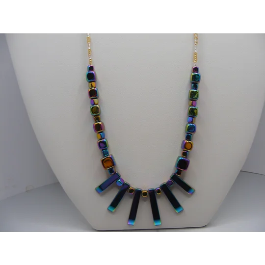 Large Graduated Hematite Stone Multi-Color Stick Necklace