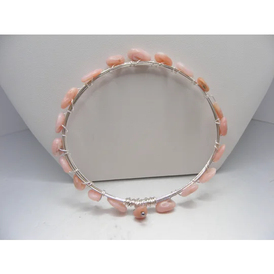 Pink Opal Bangle Bracelet - Silver