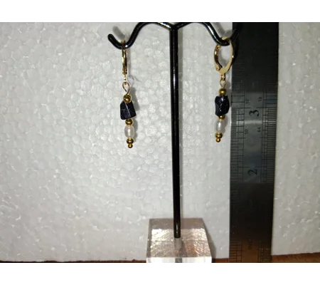 Biwa Pearl and Blue Goldstone Huggie earrings