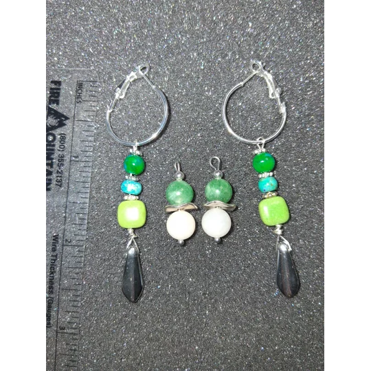 Hoop Earrings with Charm Drops - Green