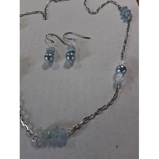 Aquamarine Pearl & Crackle Quartz necklace set - 22