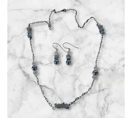 Aquamarine Pearl & Crackle Quartz necklace set - 22