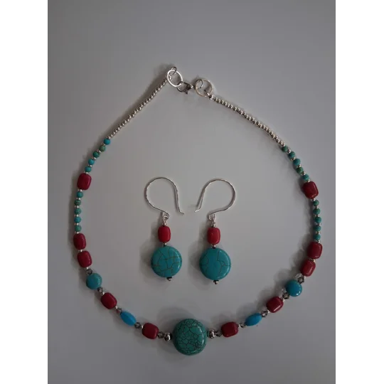 Native American inspired Magnesite Necklace set 18" Silvertone