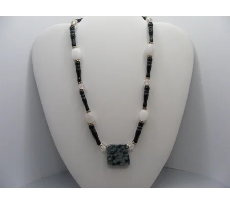 Snowflake Obsidian, Onyx and Crystal necklace