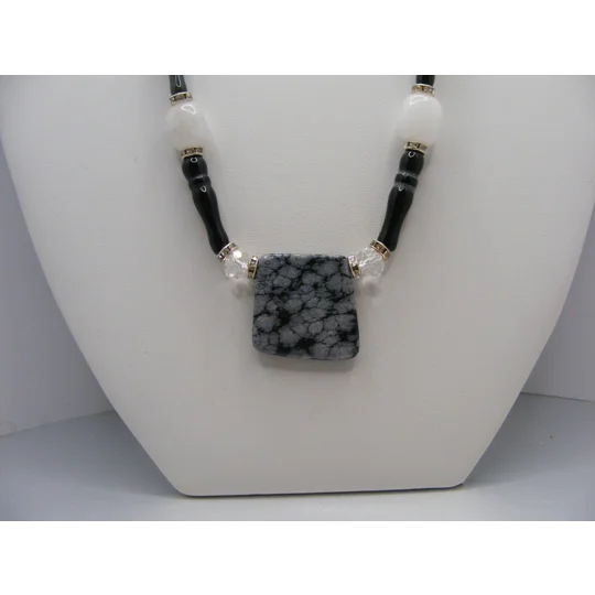 Snowflake Obsidian, Onyx and Crystal necklace
