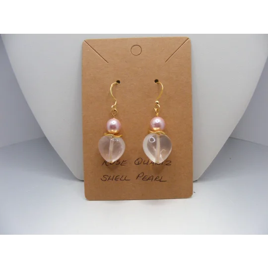 Rose Quartz Hearts and Shell Pearl earrings