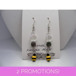 Pressed Glass, Agate & Crystal earrings with Bee charm