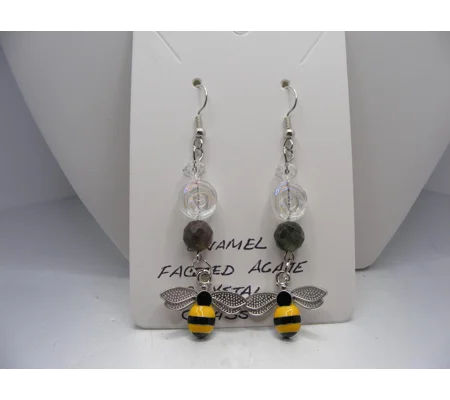 Pressed Glass, Agate & Crystal earrings with Bee charm