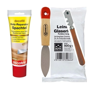 4-teiliges SET: 1x Holzspachtel 1x Fensterkitt 500g beige + 1x Kittmesser + 1x Glasschneider