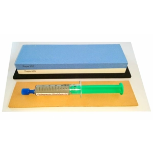 Messer-Schärf-Set, 3-teilig, 6cm breiter Korund 220/400 (240/1000JIS)+ Leder + Polierpaste