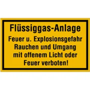 Schild Flüssiggasanlage Feuer Explosionsgefahr Rauchen verboten Folie 250x150 mm