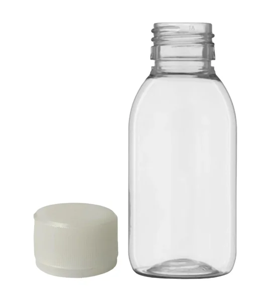 100ml clear PET Gatsby Round Juice Bottle with 28mm juice cap