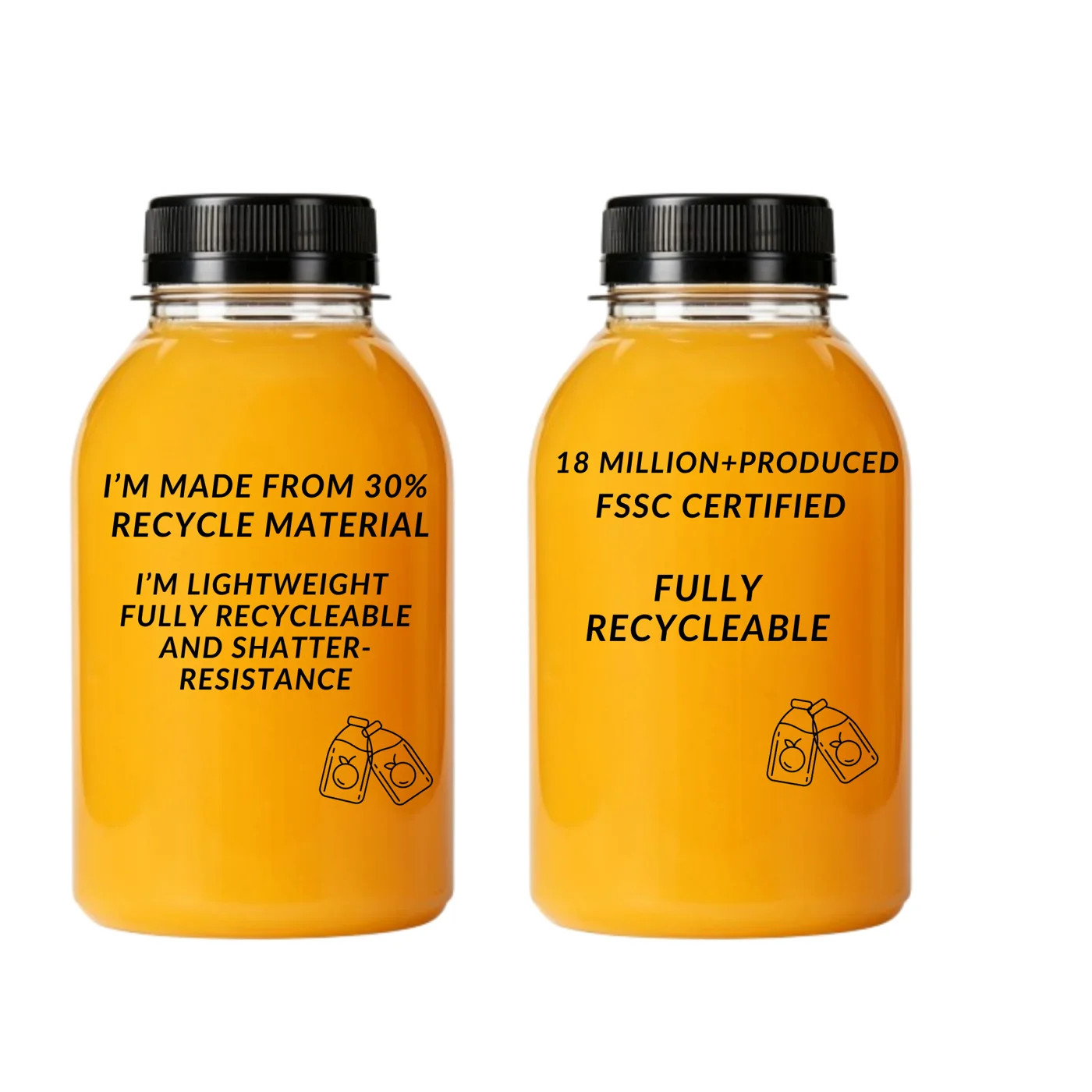 Two 250ml PET juice bottles filled with orange juice