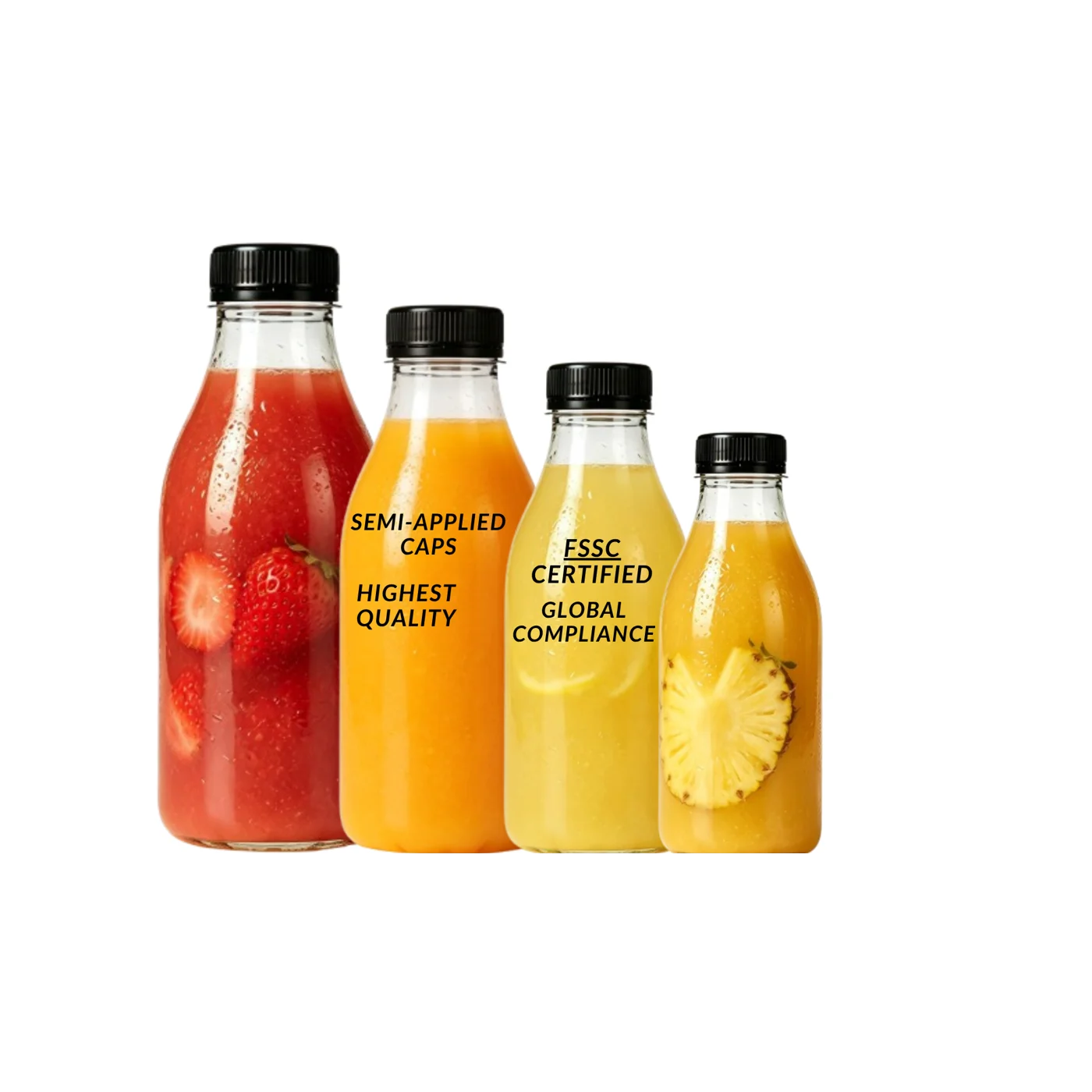 Four PET juice bottles from 1 litre down to 250ml, filled with fruit juice