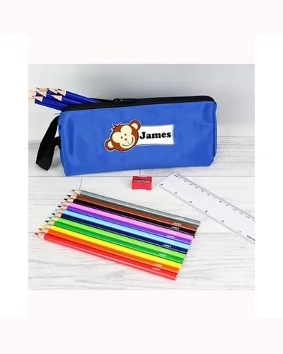 Blue Monkey Pencil Case with Personalised Pencils & Crayons