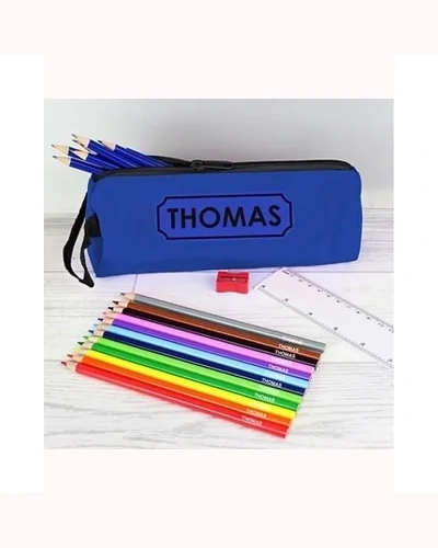 Blue Pencil Case with Personalised Pencils & Crayons