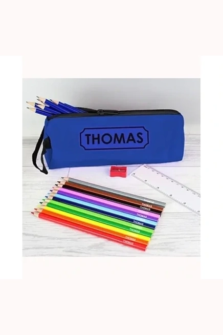 Blue Pencil Case with Personalised Pencils & Crayons