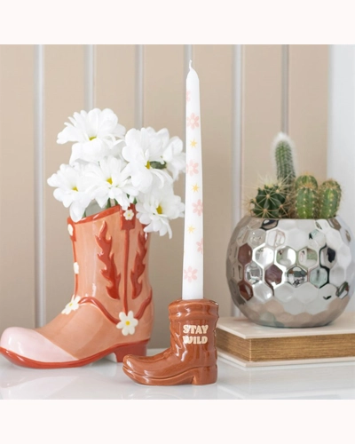 Brown Cowboy Boot Candle Holder with Taper Candle Brown Cowboy Boot Candle Holder with Taper Candle