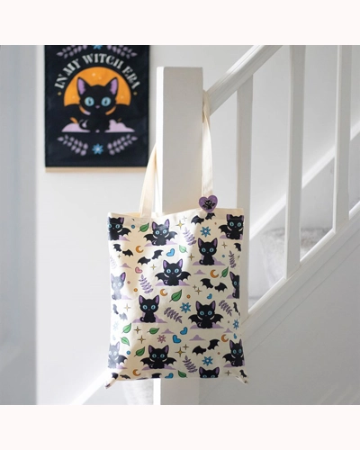 Cute and Creepy Cat Print Polycotton Tote Bag with Enamel Pin Cute and Creepy Cat Print Polycotton Tote Bag with Enamel Pin