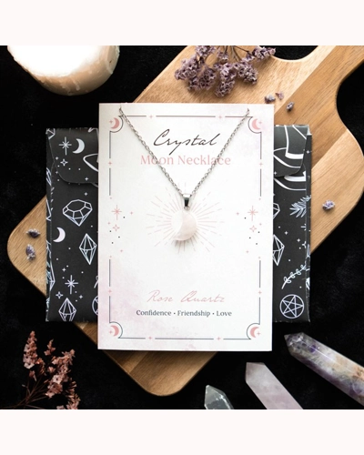 Rose Quartz Crystal Moon Necklace on Greeting Card Rose Quartz Crystal Moon Necklace on Greeting Card