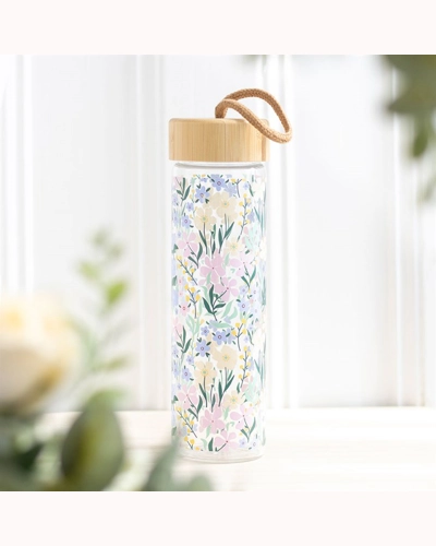 Ditsy Floral Print Glass and Bamboo Water Bottle Ditsy Floral Print Glass and Bamboo Water Bottle