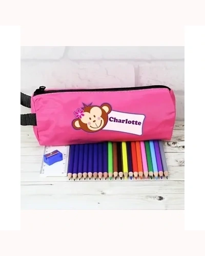 Pink Monkey Pencil Case with Personalised Pencils & Crayons