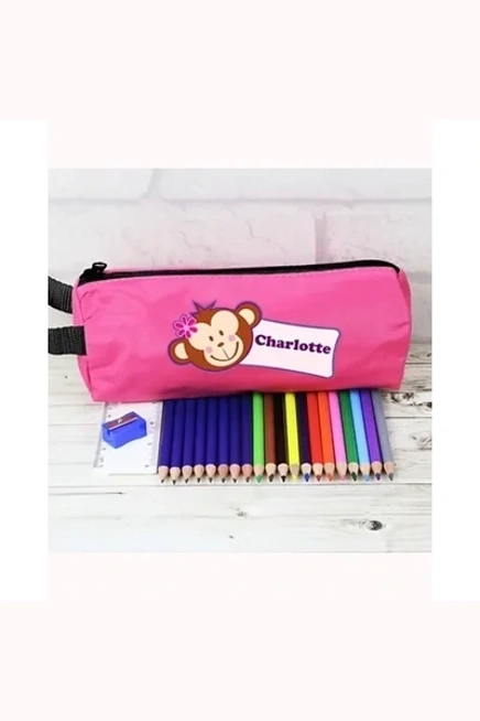 Pink Monkey Pencil Case with Personalised Pencils & Crayons