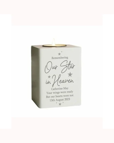 Personalised Our Star In Heaven White Wooden Tea Light Holder