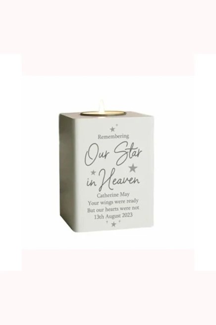 Personalised Our Star In Heaven White Wooden Tea Light Holder
