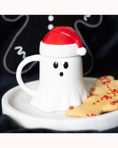 Ghost Shaped Mug with Santa Hat Lid Ghost Shaped Mug with Santa Hat Lid