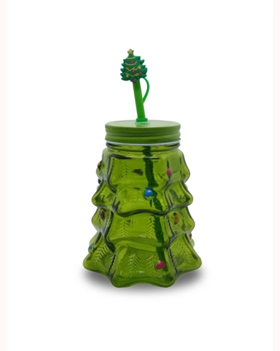 Glass Cup with Straw - Xmas Tree Glass Cup with Straw - Xmas Tree