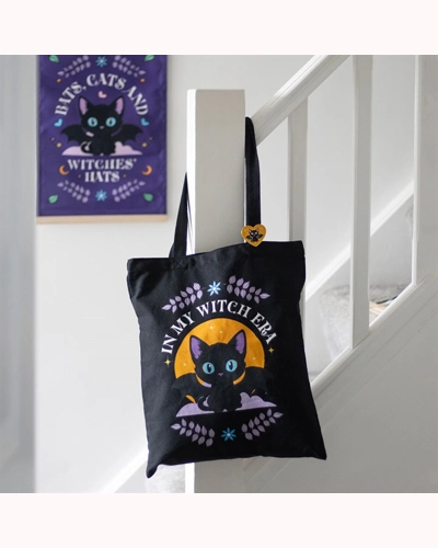 In My Witch Era Bat Cat Polycotton Tote Bag with Enamel Pin In My Witch Era Bat Cat Polycotton Tote Bag with Enamel Pin
