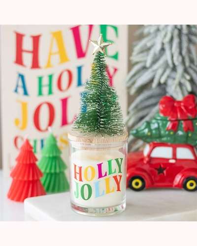 Holly Jolly Pine & Fir Glass Candle with Tree Holly Jolly Pine & Fir Glass Candle with Tree