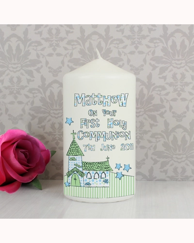 Personalised Whimsical Church Blue 1st Holy Communion Pillar Candle