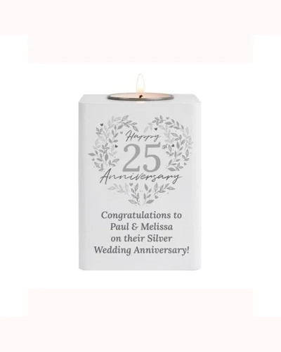 Personalised 25th Silver Wedding Anniversary Wooden Tea Light Holder