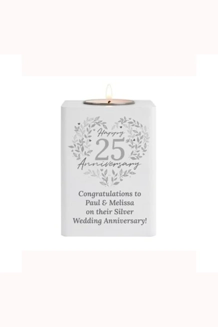 Personalised 25th Silver Wedding Anniversary Wooden Tea Light Holder