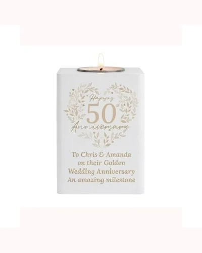 Personalised 50th Golden Wedding Anniversary Wooden Tea Light Holder